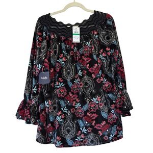 NWT RAFAELLA Black Floral‎ Velvet Velour Lace Trim Long Sleeve Tunic Top Large